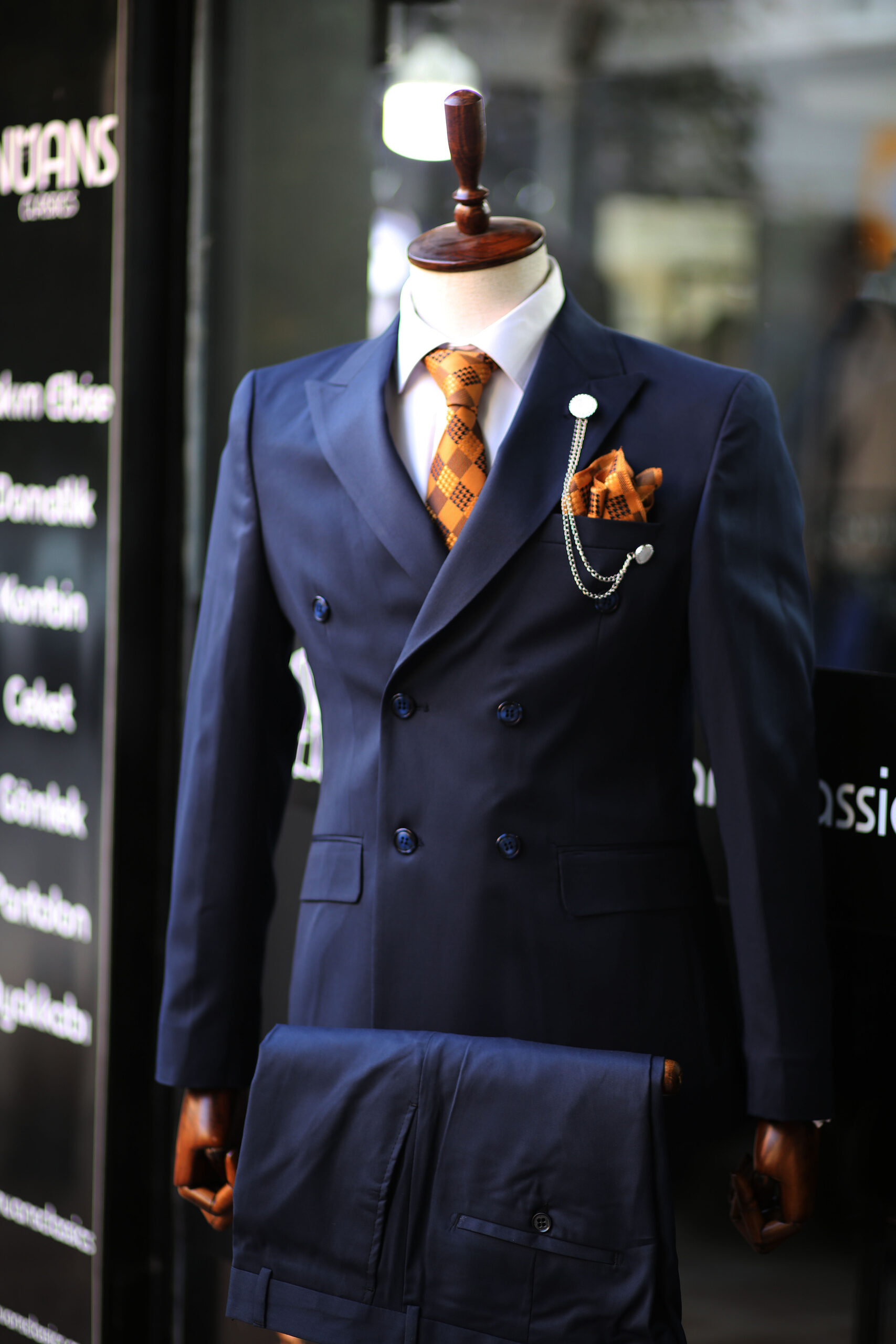 Düz Lacivert Çift Düğme Slim Fit Kruvaze Takım Elbise Full Set - Görsel 2