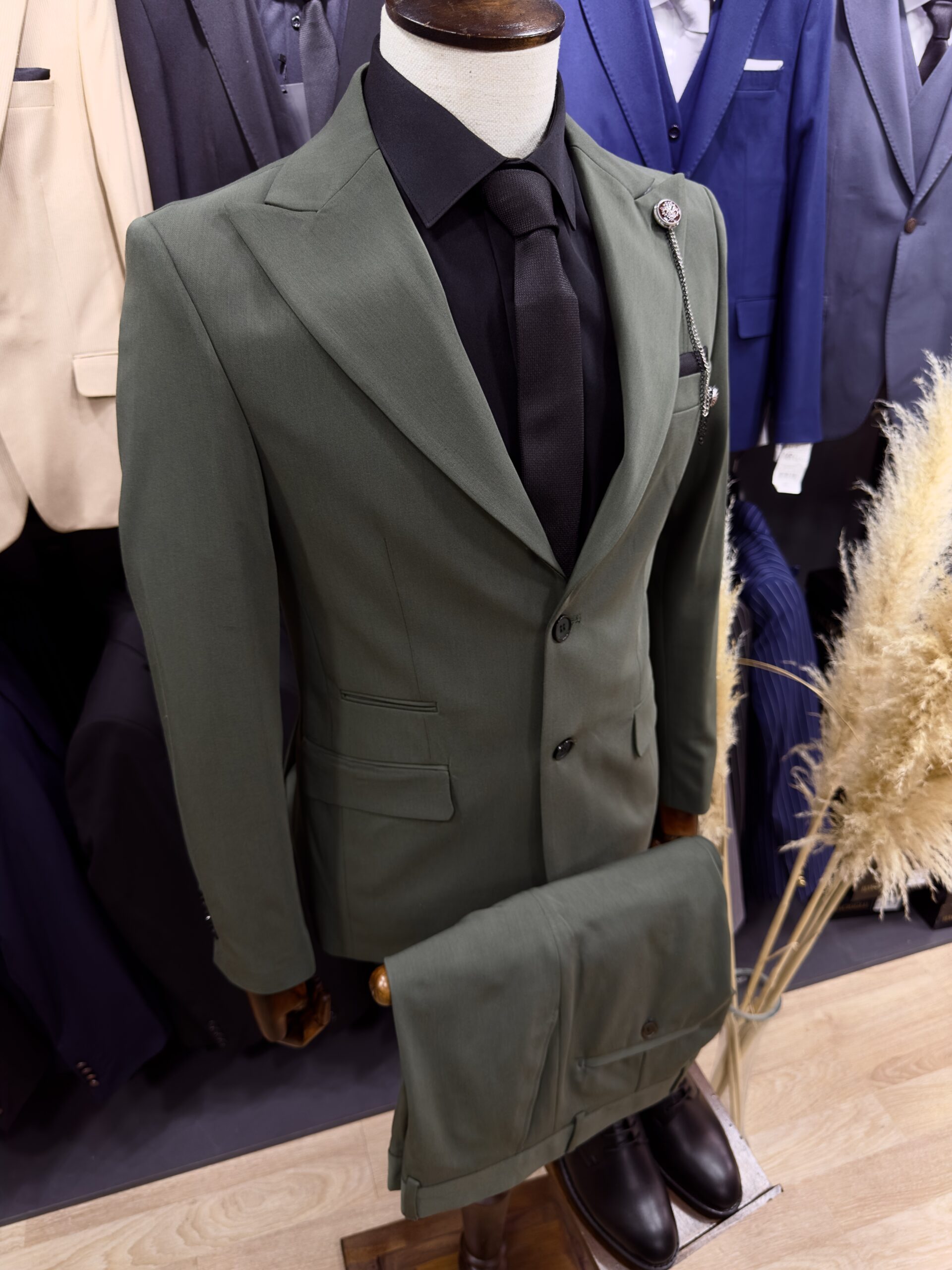Yeşil Düz Kumaş Çift Düğme Slim Fit Takım Elbise Full Set