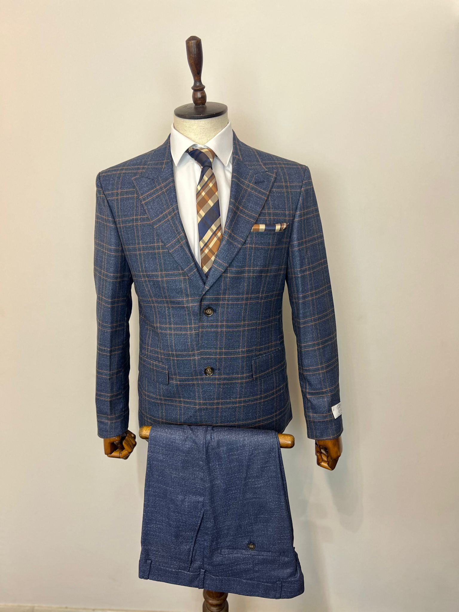 Exclusive Lacivert Ceketi Kareli Slim Fit Yelekli Kombin Takım Elbise Full Set