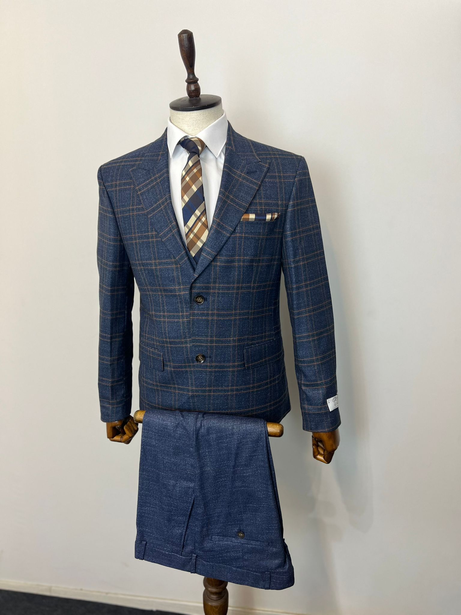 Exclusive Lacivert Ceketi Kareli Slim Fit Yelekli Kombin Takım Elbise Full Set - Görsel 2