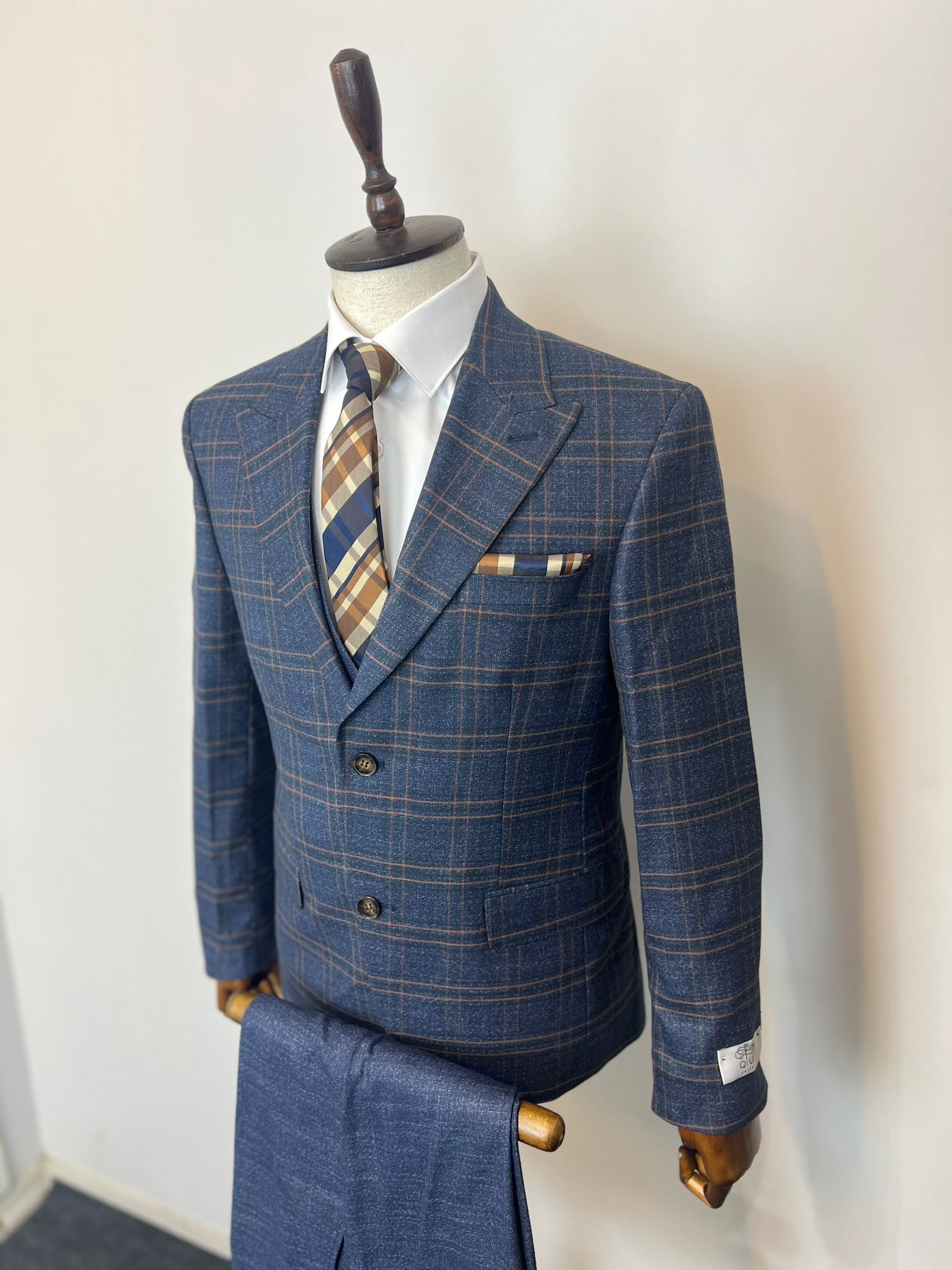 Exclusive Lacivert Ceketi Kareli Slim Fit Yelekli Kombin Takım Elbise Full Set - Görsel 3