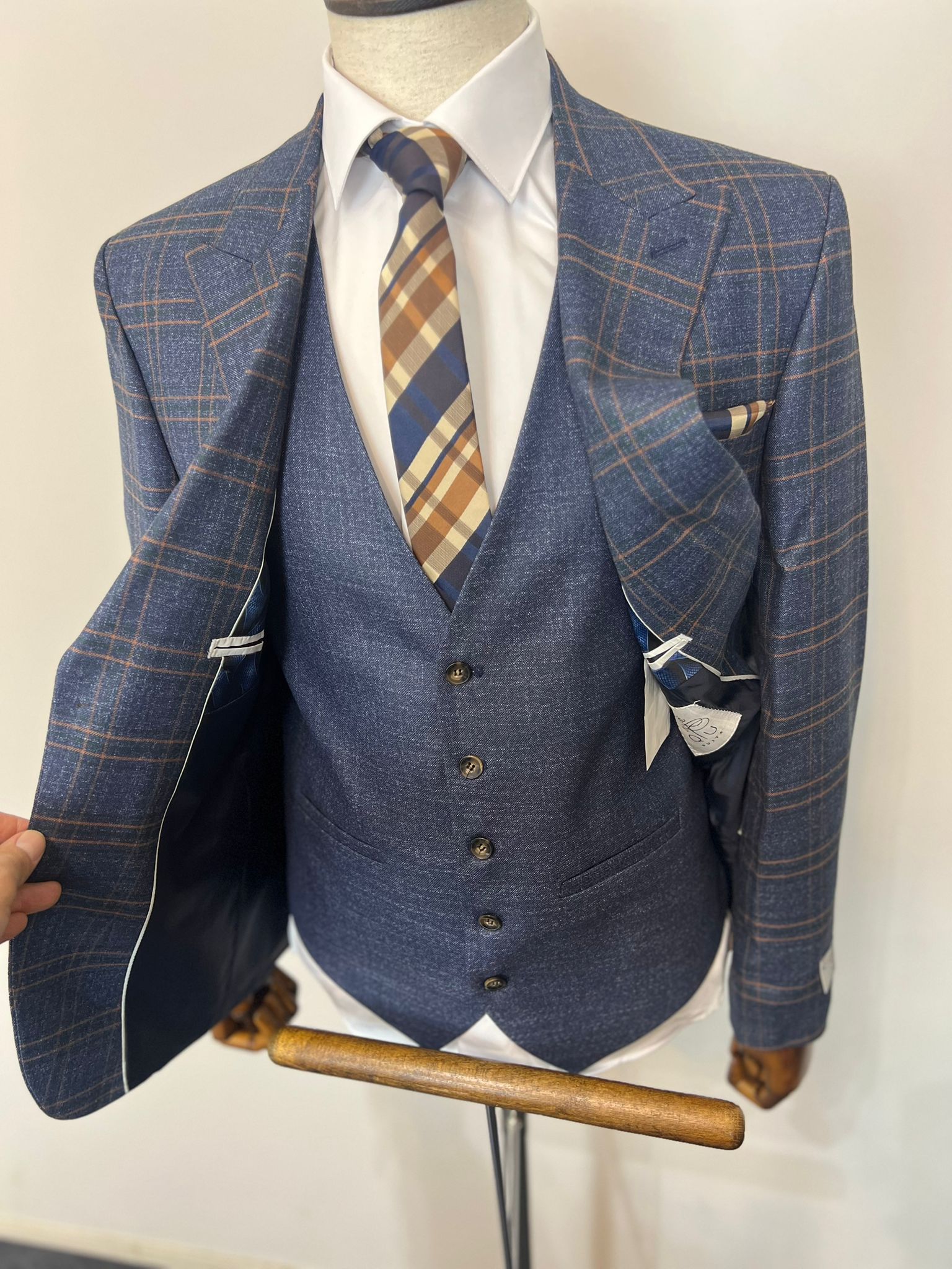 Exclusive Lacivert Ceketi Kareli Slim Fit Yelekli Kombin Takım Elbise Full Set - Görsel 4