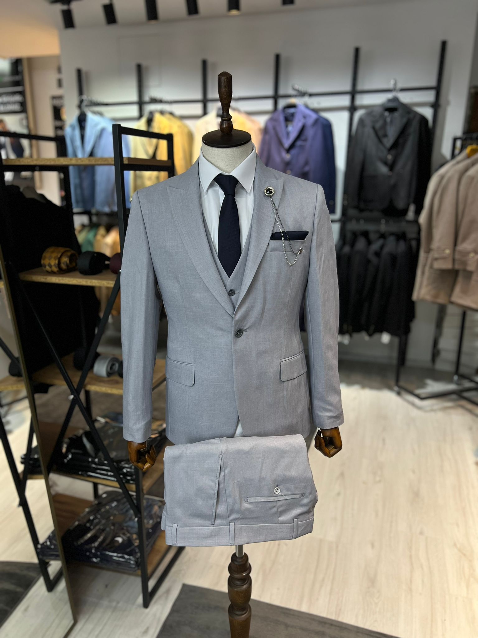 Açık Gri (gümüş) Tek Düğme Slim Fit Yelekli Takım Elbise Full Set