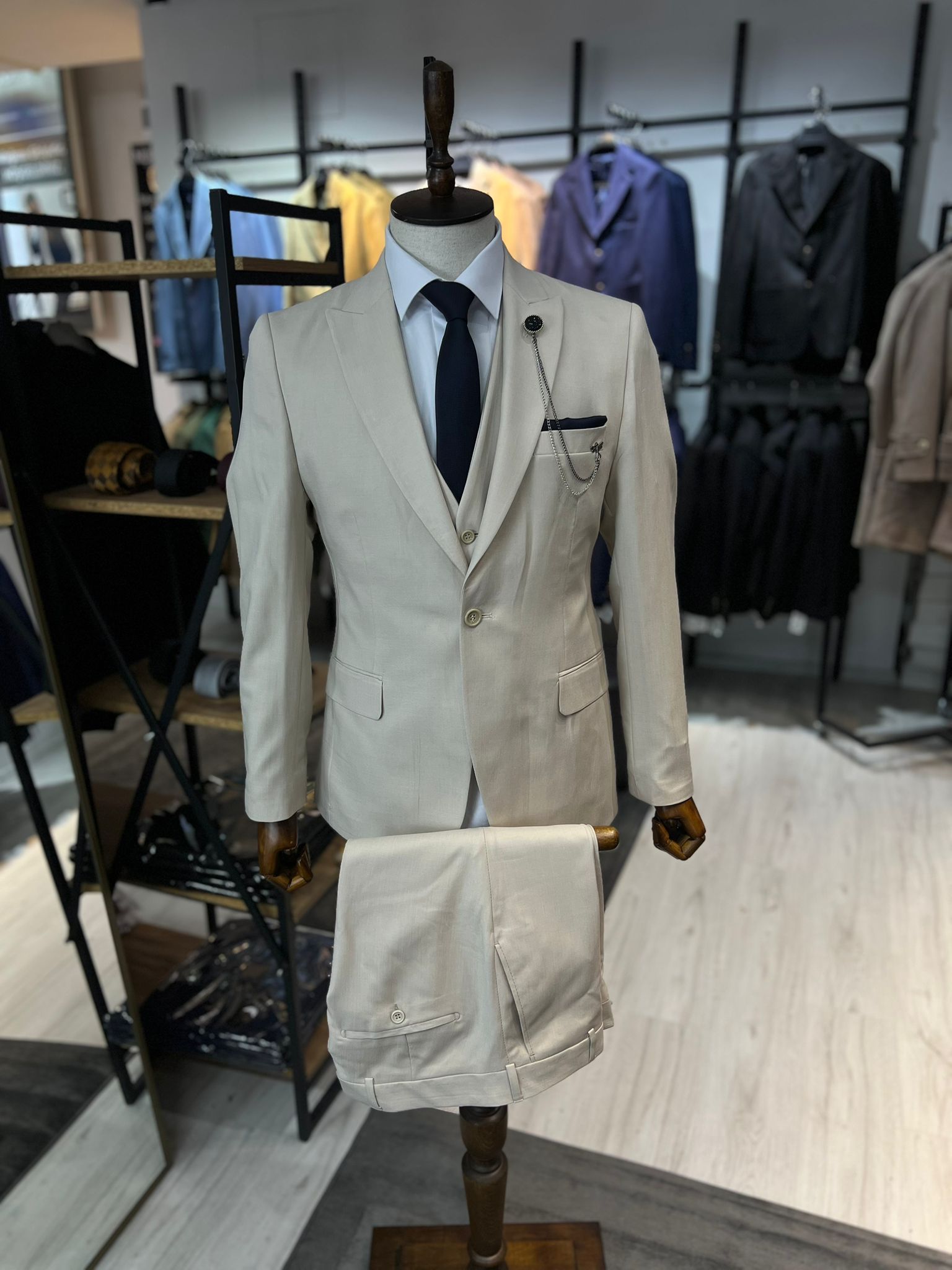 Açık Bej Tek Düğme Slim Fit Yelekli Takım Elbise Full Set