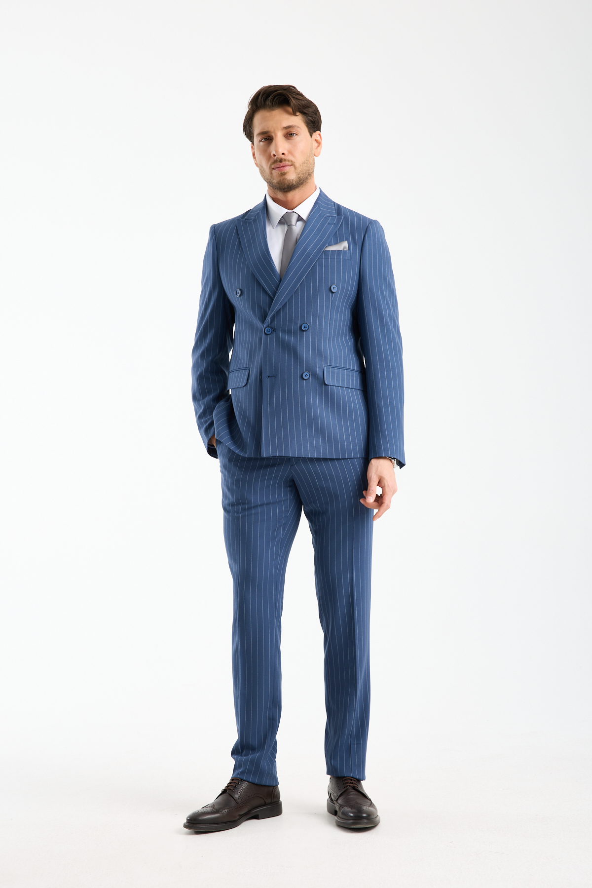 Mavi Renk Kruvaze Slim Fit Takım Elbise Full Set - Görsel 3