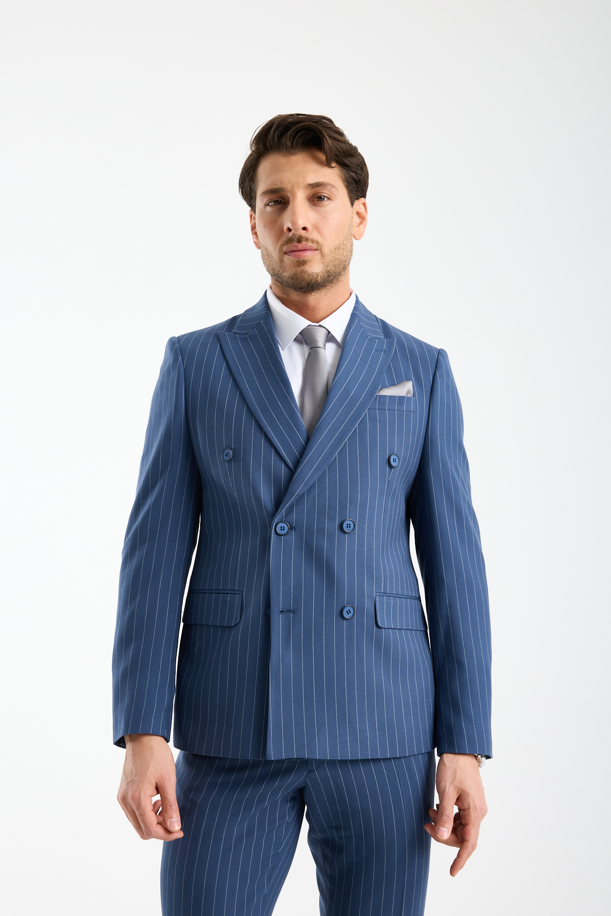 Mavi Renk Kruvaze Slim Fit Takım Elbise Full Set