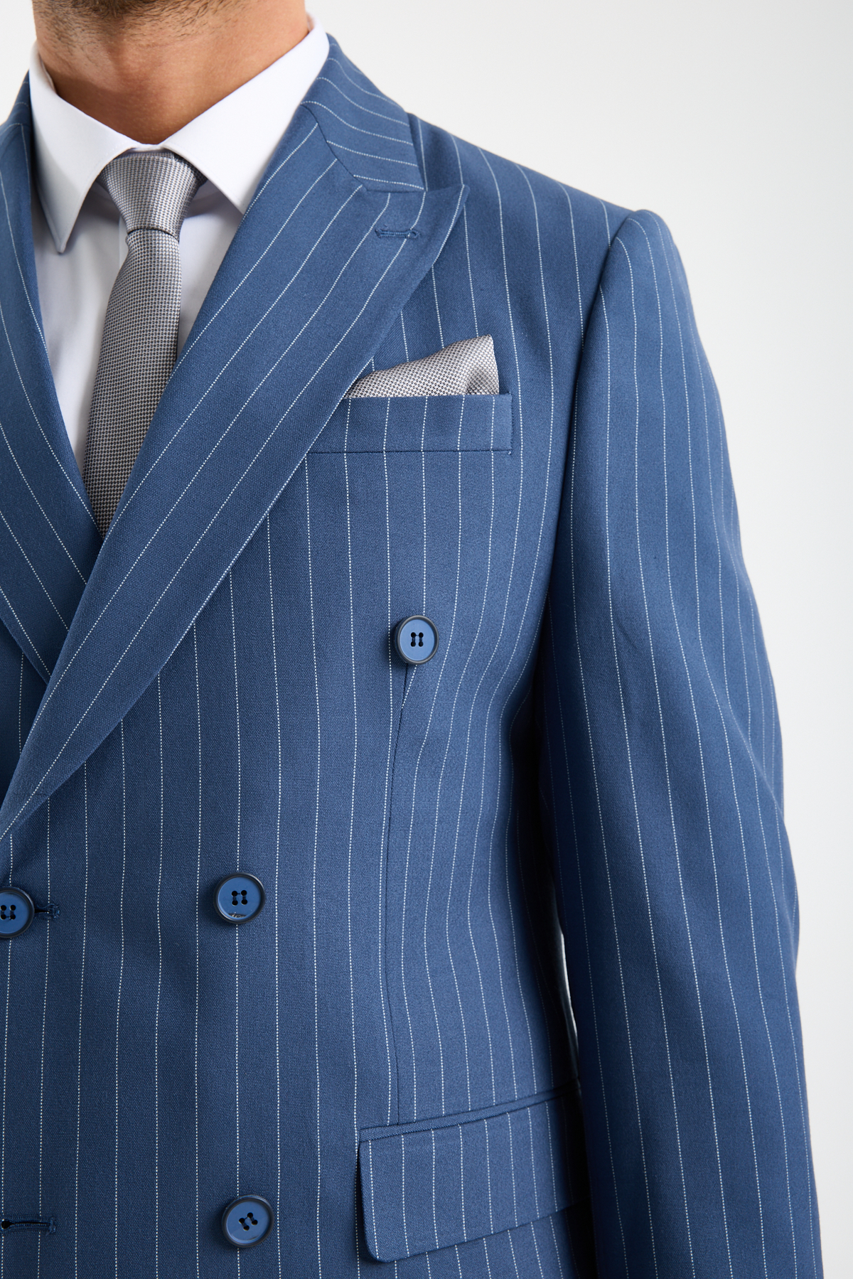 Mavi Renk Kruvaze Slim Fit Takım Elbise Full Set - Görsel 2